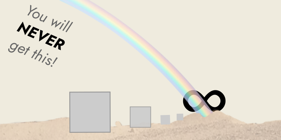 Four squares walking across the desert to reach an infinity symbol, ∞, at the far side of a rainbow