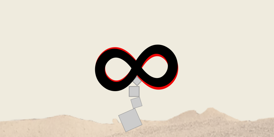 an infinity symbol, ∞, teetering on top of unstable boxes, on sand, in the desert