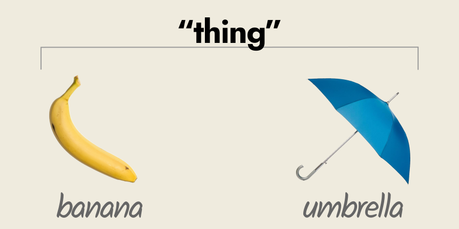 both a banana and an umbrella can be grouped under the category of 'thing'.