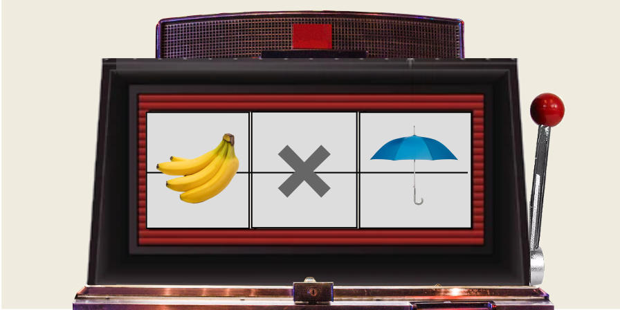 a slot machine, showing bananas being multiplied by umbrellas