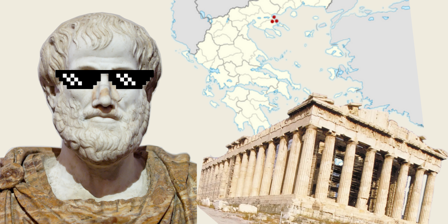 Aristotle wearing meme shades, in front of the Acropolis and a map of Greece.