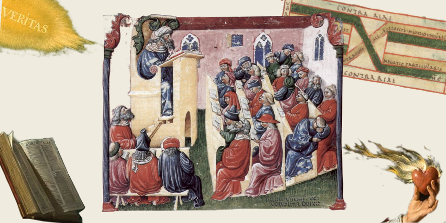 a scence of medieval scholastics from a medieval painting, with manuscript square of opposition behind