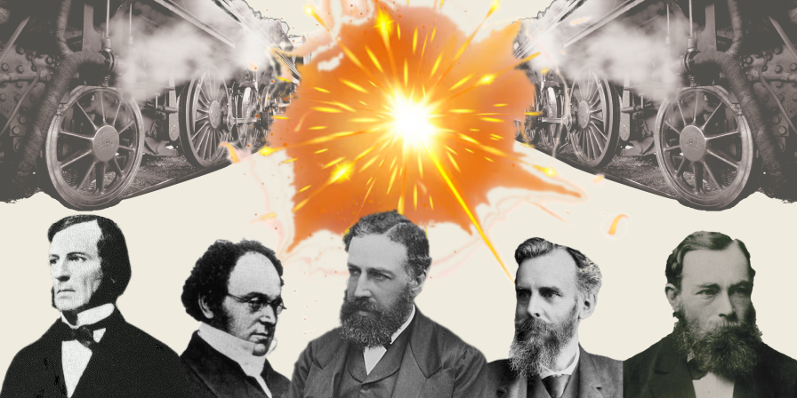 Boole, de Morgan, Jevons, Venn and Frege in front of an explosion with a train coming out each side.