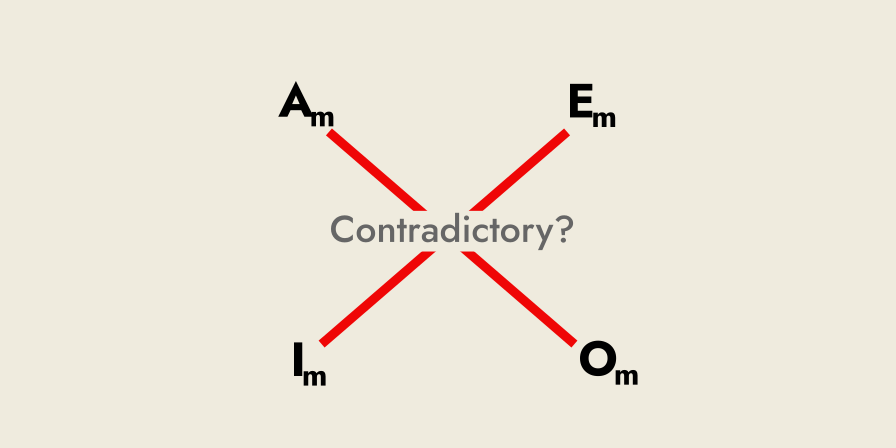 The modern square of opposition, highlighting the mutual contradictory relation across the diagonals, between A and O, and E and I.