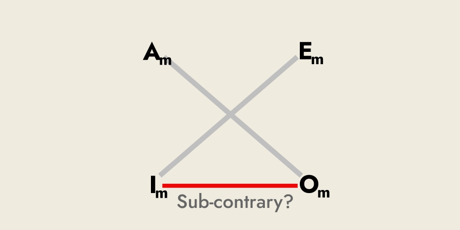 The modern square of opposition, highlighting the potential mutual sub-contrary relation along the bottom, between I and O.