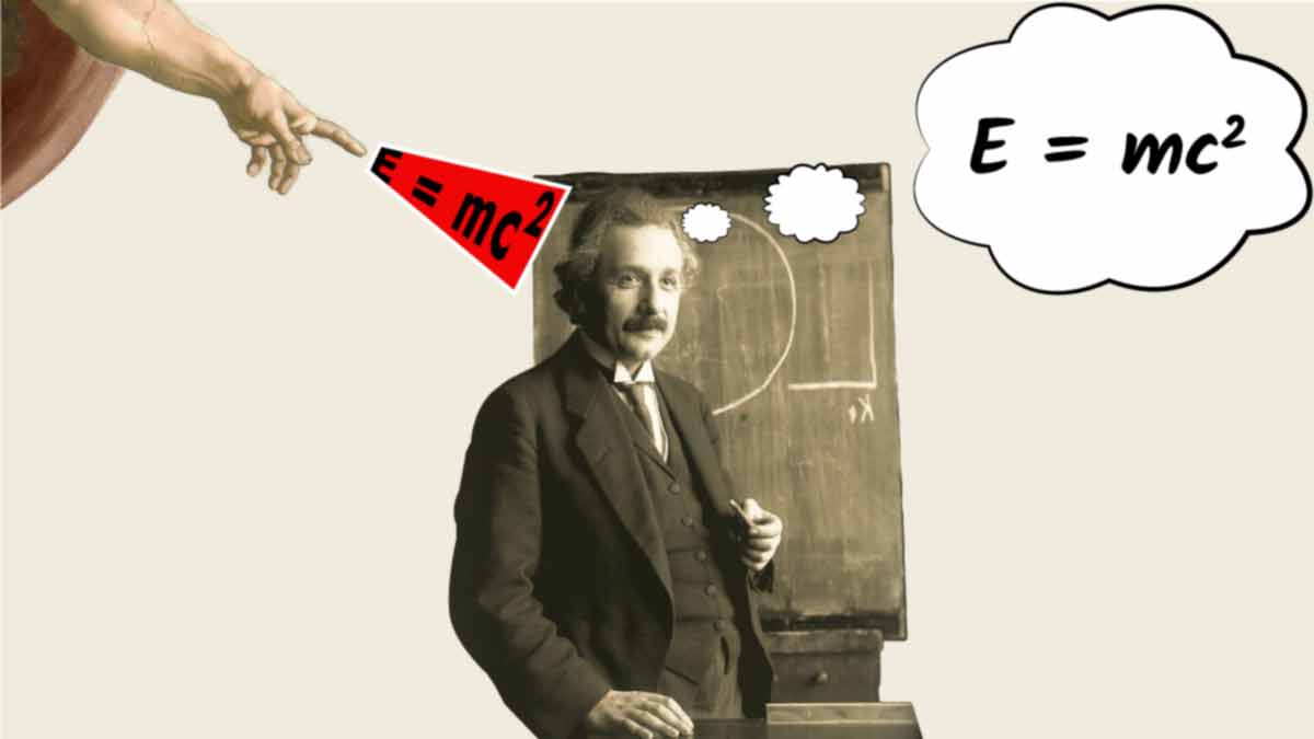 illustration of Albert Einstein being divinely inspired with e=mc^2 equation