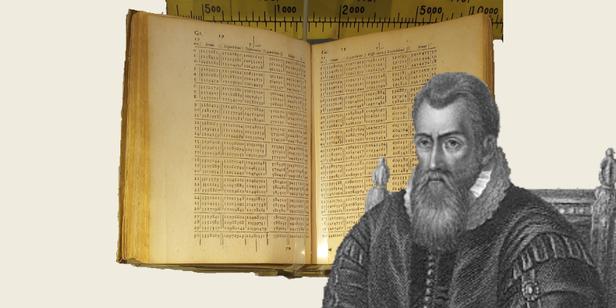 John Napier sits in front of his Mirifici Logarithmorum Canonis Descriptio.