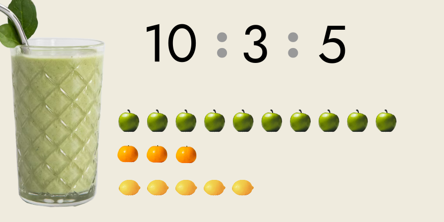 a green smoothie showing the multipart ratio comparing 10 apples to 3 oranges to 5 lemons